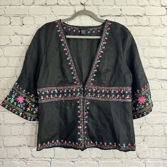 Silkland Womens L Black Linen Floral Embroidered Jacket Topper Boho Y2K Hippie - Picture 1 of 11